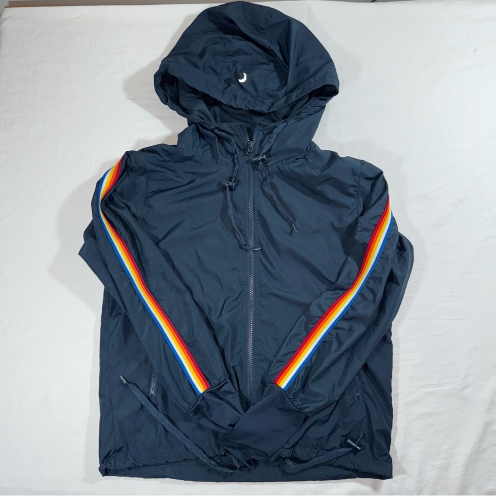 Zyia Active Womens Navy Rainbow Stripe Windbreaker Jacket Thumb Holes Small